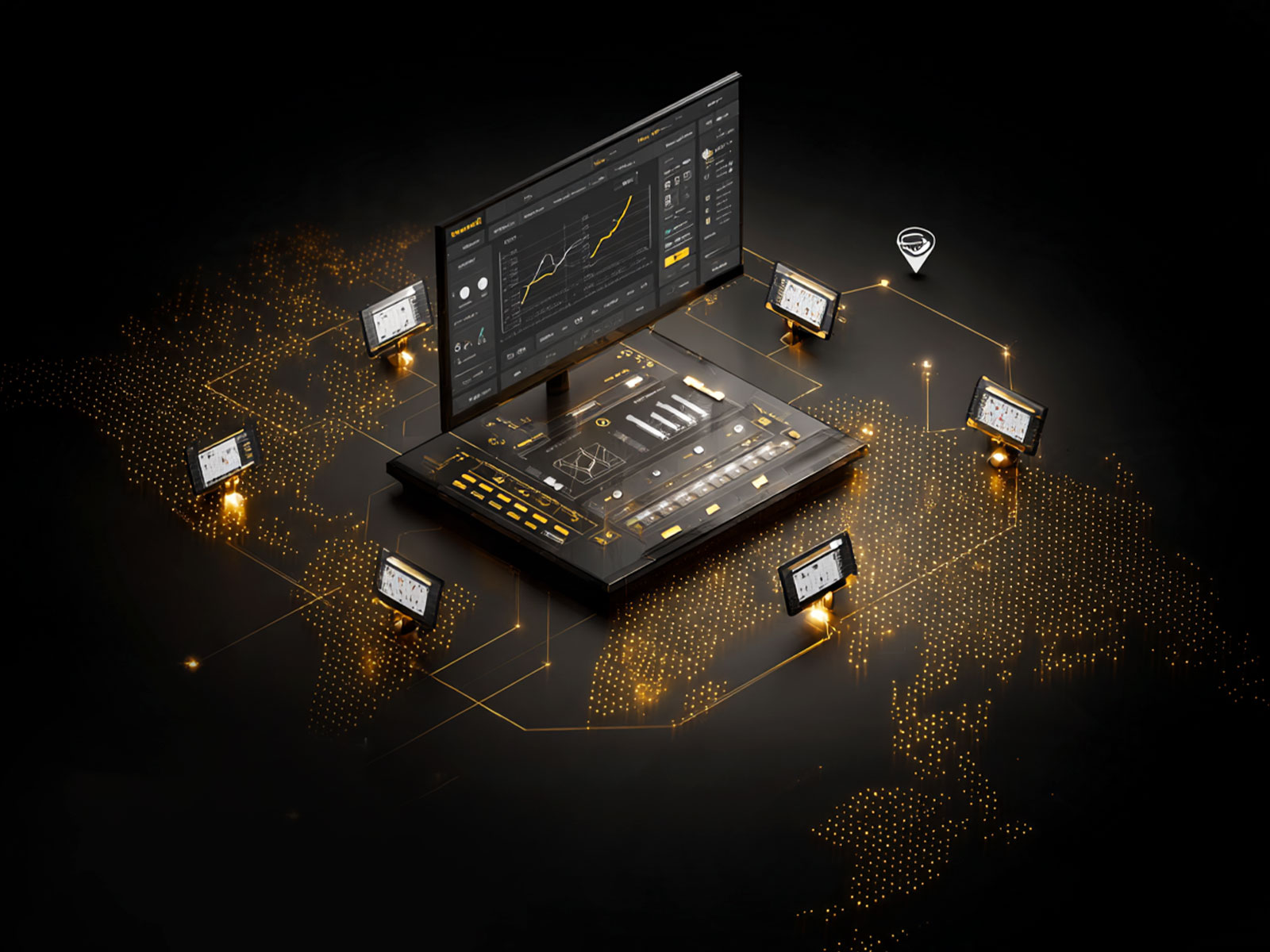 Centralized poker network control room with real-time analytics overseeing multiple partner skins